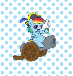 Size: 723x748 | Tagged: safe, anonymous artist, rainbow dash, pegasus, pony, g4, cannon, cute, female, hat, pirate, solo, sword, weapon