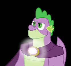 Size: 1280x1187 | Tagged: safe, artist:cloudy glow, artist:disneymarvel96, edit, vector edit, spike, dragon, g4, the last problem, black background, brooch, cape, clothes, gigachad spike, glowing, jewelry, light up, male, older, older spike, shine, simple background, solo, vector