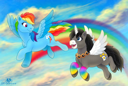 Size: 1100x737 | Tagged: safe, artist:dolphydolphiana, rainbow dash, oc, oc:illiam, alicorn, pegasus, pony, g4, duo, female, flying, looking at each other, looking at someone, mare, rainbow