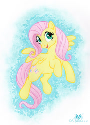 Size: 720x1000 | Tagged: safe, artist:dolphydolphiana, fluttershy, pegasus, pony, g4, abstract background, aside glance, cute, female, looking at you, mare, open mouth, open smile, shyabetes, smiling, solo, spread wings, turned head, wings