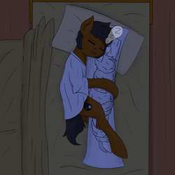 Size: 2953x2953 | Tagged: safe, artist:thatsbadboi, oc, oc:astral claw, oc:calm field, earth pony, pony, unicorn, bed, body pillow, high res, hug, long hair, long mane, long tail, onomatopoeia, open mouth, sleeping, sound effects, tail, white shirt, zzz