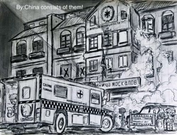 Size: 1256x955 | Tagged: safe, artist:china consists of them!, twilight sparkle, equestria at war mod, fallout equestria, g4, ambulance, attack, car, monochrome, police, police car, soldier, soldiers, traditional art, truck