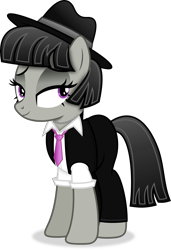 Size: 3282x4812 | Tagged: safe, artist:anime-equestria, octavia melody, earth pony, pony, alternate hairstyle, clothes, female, full body, hat, high res, hooves, jewelry, lidded eyes, mare, necklace, necktie, shadow, short hair, simple background, smiling, solo, standing, suit, tail, three quarter view, transparent background, vector