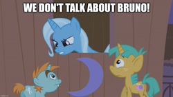 Size: 1280x720 | Tagged: safe, edit, edited screencap, screencap, snails, snips, trixie, pony, unicorn, boast busters, g4, caption, colt, encanto, female, foal, image macro, male, mare, song reference, text, trio, we don't talk about bruno