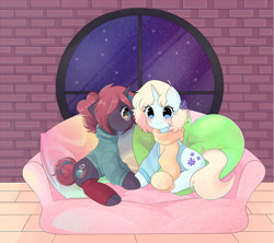 Size: 2953x2621 | Tagged: safe, artist:arwencuack, oc, oc only, pony, unicorn, clothes, commission, couch, cute, duo, high res, holiday, love, scarf, shipping, sweater, valentine's day