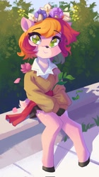 Size: 1145x2048 | Tagged: safe, artist:saxopi, oc, oc only, oc:plume fi, deer, semi-anthro, arm hooves, bench, clothes, colored pupils, day, deer tail, eyebrows, eyebrows visible through hair, eyelashes, floral head wreath, flower, flower in hair, grass, green eyes, hoof shoes, leaves, looking at you, outdoors, patreon, patreon reward, shirt, sitting, skirt, smiling, smiling at you, solo, tail, white shirt