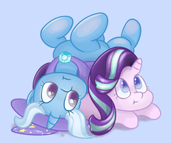 Size: 2160x1803 | Tagged: safe, artist:limitmj, starlight glimmer, trixie, pony, unicorn, g4, to change a changeling, :t, brooch, cape, clothes, duo, hat, jewelry, lying down, lying on top of someone, on back, scene interpretation, trixie's brooch, trixie's cape, trixie's hat