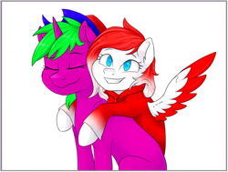 Size: 700x529 | Tagged: safe, artist:haruhi-il, oc, oc:making amends, oc:skrrah, pegasus, pony, unicorn, commission, duo, hat, ych result