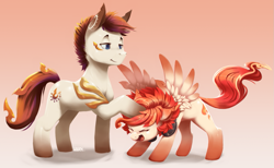 Size: 1291x795 | Tagged: oc name needed, safe, artist:xennos, oc, oc only, oc:tomyum, earth pony, pegasus, pony, blushing, brother and sister, duo, eyes closed, female, gradient background, headphones, lidded eyes, male, mare, open mouth, ruffled hair, siblings, spread wings, stallion, wings