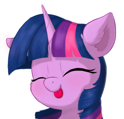 Size: 936x902 | Tagged: safe, artist:hsf, twilight sparkle, pony, unicorn, g4, :p, blushing, bust, cute, ear fluff, eyes closed, female, floppy ears, horn, mare, portrait, simple background, solo, tongue out, twiabetes, unicorn twilight, white background