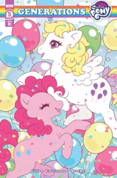 Size: 1186x1800 | Tagged: safe, artist:celesse, idw, pinkie pie, surprise, earth pony, pegasus, pony, g1, g4, my little pony: generations, spoiler:comic, spoiler:comicgenerations05, balloon, comic, comic cover, confetti, cover, duo, g4 to g1, generation leap, generational ponidox
