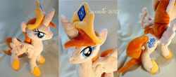 Size: 1024x452 | Tagged: safe, artist:cwossie, oc, oc only, oc:avaya ridatrane, alicorn, pony, alicorn oc, collage, commission, crown, female, horn, irl, jewelry, multiple views, photo, plushie, regalia, solo, spread wings, wings