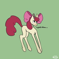 Size: 1500x1500 | Tagged: safe, artist:corduroy_exe, apple bloom, earth pony, pony, female, filly, foal, full body, green background, hooves, signature, simple background, solo, standing, tail