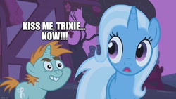 Size: 1280x720 | Tagged: safe, edit, edited screencap, screencap, snips, trixie, pony, unicorn, boast busters, g4, season 1, caption, female, image macro, male, ship:trips, shipping, straight, text