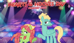 Size: 2064x1218 | Tagged: safe, artist:19crowbar19, artist:90sigma, tree hugger, zephyr breeze, earth pony, pegasus, pony, g4, 2022, dance floor, dancing, disco, disco ball, february, female, hearts and hooves day, holiday, looking at each other, looking at someone, lyrics in the description, male, mare, shake your groove thing, shipping, smiling, song in the description, stallion, straight, valentine's day, youtube link in the description, zephyrhugger