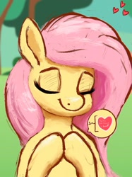 Size: 1535x2048 | Tagged: safe, artist:phutashi, fluttershy, pegasus, pony, g4, bust, eyes closed, female, heart, holiday, hoof hold, hooves to the chest, hooves together, implied discoshy, implied shipping, implied straight, mare, smiling, solo, valentine, valentine's day, valentine's day card