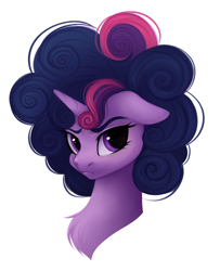 Size: 2223x2744 | Tagged: safe, artist:vetta, twilight sparkle, pony, unicorn, friendship is magic, g4, alternate hairstyle, bust, chest fluff, curly mane, female, floppy ears, high res, looking at you, mare, messy mane, solo, twilight poofle, twilight sparkle is not amused, unamused, unicorn twilight