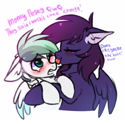 Size: 2860x2832 | Tagged: safe, artist:pesty_skillengton, oc, oc only, oc:dreamer skies, oc:pestyskillengton, pegasus, pony, cute, female, high res, kissing, male, mare, stallion, text