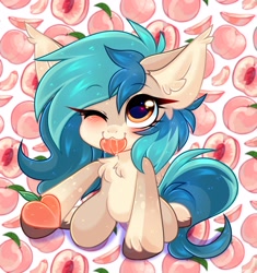 Size: 2816x3000 | Tagged: safe, artist:pesty_skillengton, oc, oc only, oc:peacher, pony, blushing, chest fluff, chibi, colored hooves, cute, ear fluff, female, food, heart eyes, herbivore, high res, hoof hold, kneeling, looking at you, mare, mouth hold, one eye closed, pale belly, peach, solo, unshorn fetlocks, wingding eyes