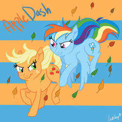 Size: 4000x4000 | Tagged: safe, artist:lostsheep, applejack, rainbow dash, earth pony, pegasus, pony, g4, female, leaves, lesbian, ship:appledash, shipping