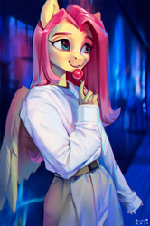 Size: 1280x1923 | Tagged: safe, artist:annna markarova, fluttershy, anthro, g4, candy, chromatic aberration, clothes, evening, female, food, holding, lollipop, looking away, open mouth, outdoors, pants, pullover, smiling, solo, standing, three quarter view, winged anthro, wings