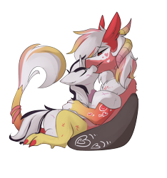 Size: 2822x3012 | Tagged: safe, artist:beardie, oc, oc only, oc:season's greetings, oc:yiazmat, draconequus, pony, unicorn, couch, draconequus oc, female, hearts and hooves day, high res, holiday, horn, horns, kissing, male, shipping, simple background, transparent background, unicorn oc, valentine's day, wings