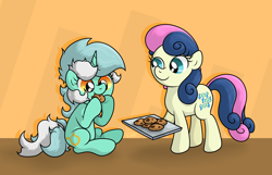 Size: 3934x2531 | Tagged: safe, artist:background basset, bon bon, lyra heartstrings, sweetie drops, earth pony, pony, unicorn, g4, abstract background, adorabon, baking sheet, cookie, cute, duo, eating, female, food, happy, herbivore, high res, lyrabetes, mare, sitting, smiling