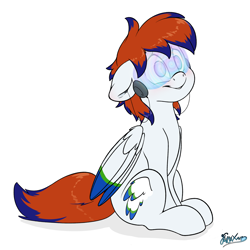 Size: 2800x2800 | Tagged: safe, artist:fluffyxai, oc, oc only, oc:twinwing, pegasus, pony, accessory, blushing, high res, hypnogear, hypnosis, hypnotized, male, sitting, smiling, solo, stallion