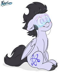 Size: 2500x2800 | Tagged: safe, artist:fluffyxai, oc, oc only, oc:wing, pegasus, pony, accessory, blushing, high res, hypnogear, hypnosis, hypnotized, male, sitting, smiling, solo, stallion