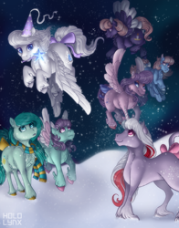 Size: 900x1150 | Tagged: safe, artist:hololynx, angel (g1), north star (g1), peppermint crunch, powder, princess tiffany, so soft twilight, wind whistler, earth pony, pegasus, pony, unicorn, g1, bow, clothes, colored wings, feathered fetlocks, female, flying, hat, leonine tail, magic wand, mare, mouth hold, multicolored wings, night, night sky, scarf, sky, snow, snowfall, spread wings, stars, tail, tail bow, unshorn fetlocks, wings