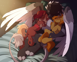 Size: 2670x2160 | Tagged: safe, artist:crimmharmony, oc, oc only, oc:flechette, oc:pumpkin spice, oc:zephyrus (dr zephy), bat pony, changeling, griffon, moth, mothling, original species, bed, blushing, chest fluff, claws, cuddling, eyes closed, female, high res, horn, pillow, red changeling, tail, trio, wings