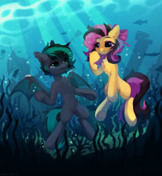 Size: 1280x1392 | Tagged: safe, artist:astralblues, oc, oc only, bat pony, earth pony, fish, jellyfish, pony, bat wings, bubble, chest fluff, colored pupils, crepuscular rays, ear fluff, fangs, female, freckles, green eyes, looking at each other, looking at someone, male, mare, ocean, pink eyes, ribbon, seaweed, shipwreck, smiling, smiling at each other, spread wings, stallion, sunlight, underwater, water, wings