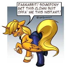 Size: 1011x946 | Tagged: safe, artist:applepost67, applejack, alicorn, pony, g4, alicornified, applebutt, applecorn, applejack is not amused, bunny suit, butt, clothes, cuffs (clothes), female, leotard, looking back, mare, pantyhose, plot, race swap, solo, speech bubble, unamused