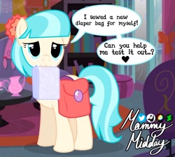 Size: 1024x917 | Tagged: safe, artist:mommymidday, coco pommel, earth pony, pony, g4, :3, abdl, adult foal, bag, cute, dialogue, diaper, diaper bag, diaper fetish, fetish, hair accessory, looking at you, lying down, milk, mouth hold, saddle bag, show accurate, signature, solo, tail, two toned mane, two toned tail