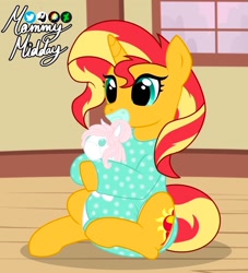 Size: 928x1024 | Tagged: safe, artist:mommymidday, sunset shimmer, pony, unicorn, g4, abdl, adult foal, big eyes, butt flap, clothes, cute, diaper, diaper fetish, fetish, non-baby in diaper, onesie, pacifier, plushie, poofy diaper, show accurate, signature, sitting, solo, tail, two toned mane, two toned tail