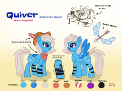 Size: 900x675 | Tagged: safe, artist:avui, oc, oc only, oc:quiver, pegasus, pony, arrow, bow, feather, hat, reference sheet, solo, wing hands, wings