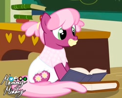 Size: 1024x822 | Tagged: safe, artist:mommymidday, cheerilee, earth pony, pony, g4, abdl, adult foal, alternate hairstyle, book, chalkboard, classroom, clothes, cute, desk, diaper, diaper fetish, diapered, female, fetish, mare, non-baby in diaper, pacifier, pigtails, ponyville schoolhouse, poofy diaper, reading, shirt, show accurate, signature, sitting, solo, tail, teacher, two toned mane, two toned tail, white diaper