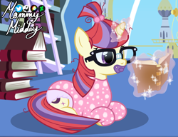 Size: 2360x1817 | Tagged: safe, artist:mommymidday, moondancer, pony, unicorn, g4, abdl, adult foal, book, bookshelf, clothes, cute, diaper, diaper fetish, fetish, glasses, levitation, library, lying, magic, magic aura, non-baby in diaper, onesie, pacifier, ponyloaf, ponytail, poofy diaper, prone, reading, show accurate, signature, telekinesis, twilight's canterlot home