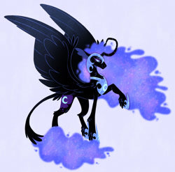 Size: 1280x1263 | Tagged: safe, artist:wanderingpegasus, nightmare moon, alicorn, pony, g4, alternate hairstyle, armor, blue background, curved horn, februpony, female, helmet, hoof shoes, horn, leonine tail, mare, raised hoof, redesign, simple background, solo, tail