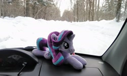 Size: 2048x1238 | Tagged: safe, photographer:pakapaka1993, starlight glimmer, pony, unicorn, g4, car, car interior, irl, japan, photo, plushie, snow, solo, tongue out, winter