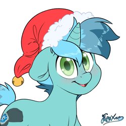 Size: 2414x2413 | Tagged: safe, artist:fluffyxai, oc, oc only, oc:minty breeze, pony, unicorn, blushing, christmas, cute, festive, hat, high res, holiday, looking at you, santa hat, smiling, solo