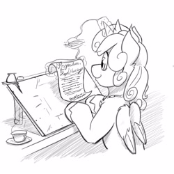 Size: 4000x4000 | Tagged: safe, artist:captainhoers, princess flurry heart, alicorn, pony, g4, absurd resolution, cup, female, grayscale, letter, levitation, magic, mare, monochrome, older, older flurry heart, quill, simple background, solo, teacup, telekinesis, white background