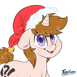 Size: 2414x2413 | Tagged: safe, artist:fluffyxai, oc, oc only, oc:white shield, pony, unicorn, christmas, festive, hat, high res, holiday, looking at you, santa hat, simple background, smiling, solo, white background