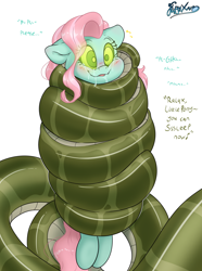 Size: 3724x5000 | Tagged: safe, artist:fluffyxai, minty, oc, oc:melyssa, lamia, original species, blushing, coiling, coils, crying, drool, hypnosis, imminent vore, smiling, speech, squeezing, squished, tail, tail wrap, talking, wrapped up
