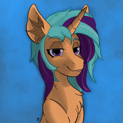 Size: 1668x1668 | Tagged: safe, artist:levinerex, oc, oc only, oc:moon lavallé, pony, unicorn, :p, blue background, bust, chest fluff, female, mare, portrait, purple eyes, simple background, solo, tongue out