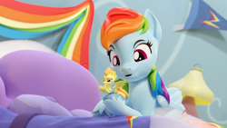 Size: 3840x2160 | Tagged: safe, artist:xppp1n, rainbow dash, spitfire, pegasus, pony, g4, 3d, bed, bedroom, blender, blender cycles, clothes, female, figurine, high res, looking down, lying down, mare, open mouth, pillow, playing with toys, ponies playing with ponies, prone, rainbow dash's house, smiling, spread wings, toy, uniform, unshorn fetlocks, wings, wonderbolt trainee uniform