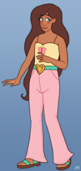 Size: 734x1552 | Tagged: safe, artist:greenarsonist, fluttershy, human, undead, vampire, g4, belt, belt buckle, blue background, blushing, clothes, dark skin, feet, female, gender headcanon, humanized, long hair, natural hair color, sandals, sharp teeth, shoes, simple background, smiling, solo, teeth, tooth, trans female, trans fluttershy, transgender