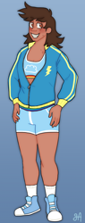 Size: 596x1565 | Tagged: safe, artist:greenarsonist, rainbow dash, human, g4, blue background, blushing, clothes, converse, female, gender headcanon, grin, humanized, long hair, natural hair color, shoes, shorts, simple background, smiling, sneakers, socks, solo, sports bra, tan skin
