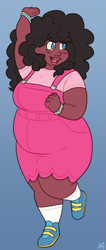 Size: 643x1523 | Tagged: safe, artist:greenarsonist, human, g4, blue background, blushing, bracelet, clothes, dark skin, dress, fat, gender headcanon, humanized, jewelry, long hair, mouthpiece, mouthpiece in description, natural hair color, non-pony oc, nonbinary, not pinkie pie, raised arm, raised hand, shoes, simple background, smiling, socks, solo