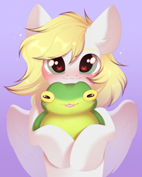 Size: 3295x4096 | Tagged: safe, artist:kebchach, oc, oc only, oc:ludwig von leeb, frog, pegasus, pony, toad, blonde hair, blushing, cute, ear fluff, green eyes, heart eyes, holding, looking at you, male, pegasus oc, solo, stallion, tongue out, violet background, wingding eyes, wings
